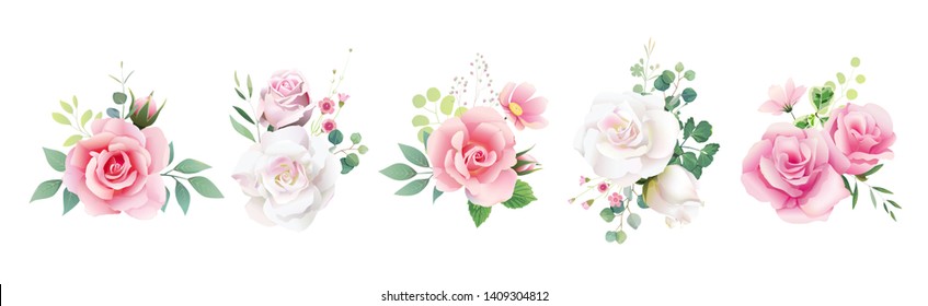 Floral romanric bouquets for wedding invite or greeting card. White pink peach Rose and flower, Greenery leaves for wedding invite or greeting card. element set.