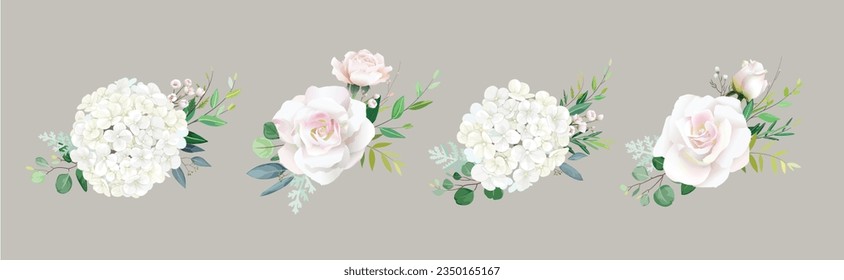 Buquetes florales románicos para la invitación a la boda o tarjeta de saludo. Rosa rosa de melocotón blanco, flor de Hydrangea y hojas verdes. conjunto de elementos.