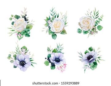 Floral romantic bouquets for wedding invite or greeting card. White Rose and flower, Greenery leaves for wedding invite or greeting card. element set.
