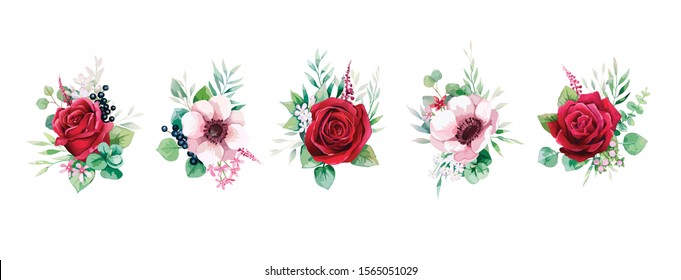 Floral romantic bouquets for wedding invite or greeting card. Red rose and Anemone flower, Greenery leaves. element set.
