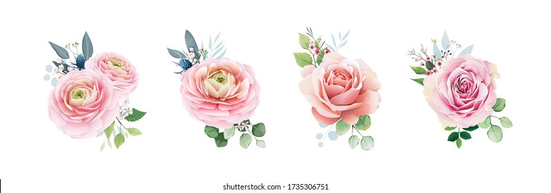 Floral romantic bouquets for wedding invite or greeting card. Pink peach Rose and flower, Greenery leaves for wedding invite or greeting card. element set.