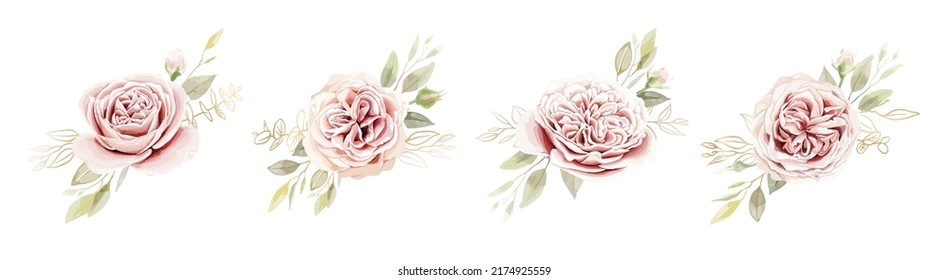 Floral romantic bouquets for wedding invite or greeting card. White pink peach Rose and eucalyptus leaves. element set