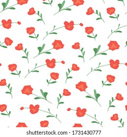 Floral romantic flat vector pattern with rose on white background. Seamless. Fabric sample. Textile design. Red color. Nature pattern. Blooming flower Simple design for package or paper. Print design.