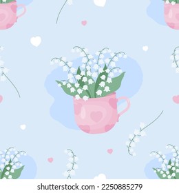 Floral romantic seamless pattern. White flowers May lilies of the valley in cup on blue background. Vector illustration. Spring pattern for design, packaging, wallpaper and decoration