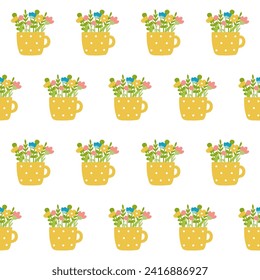 Floral romantic seamless vector pattern. Flowers in yellow cup.