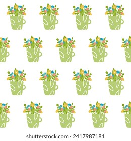 Floral romantic seamless vector pattern. Flowers in green cup.