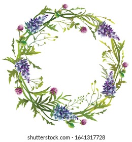 Floral romantic wreath with blue flowers  and green herbs. Vector illustration.