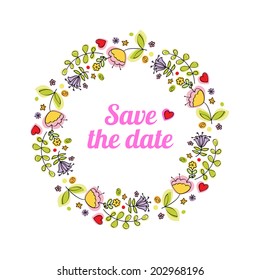 Floral romantic wreath. Retro style. Save the Date invitation in vector.