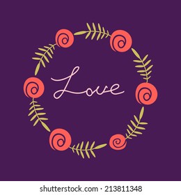 Floral rose frame on violet background. Cute retro flowers arranged a shape of the wreath. Perfect for wedding invitations and greeting cards.