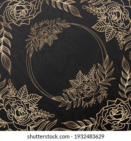 Floral rose frame wreath circle.Ink line style.Flower leaf botanical round design.Vector illustration.