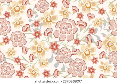 Floral rose Ikat pattern seamless embroidery background border. Flower motifs seamless pattern. Ethnic oriental pattern traditional vector illustration. Hand drawn.