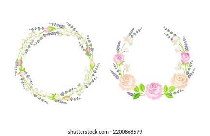 Floral Rose Lavender Wreath Arranged from Twigs and Buds Vector Set
