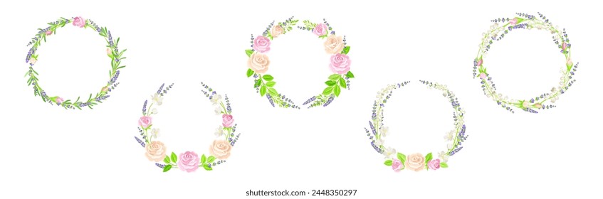 Floral Rose Lavender Wreath from Twigs and Buds Vector Set