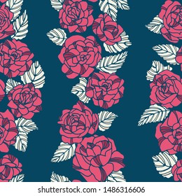 Floral rose seamless repeat pattern. You can enjoy this pink, navy, and white seamless pattern on packaging, wallpaper, backgrounds, or any way you like it!