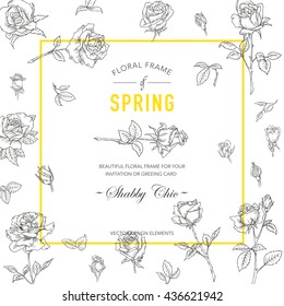 Floral Roses Frame. Invitation Wedding, Baby Shower Card. Vector Vintage. Hand drawn