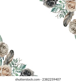 Floral roses frame. Watercolor vector botanical hand drawn, isolated on white background. Template space for text, message, for greeting cards, invitation, wedding card, save the date, celebration, ba