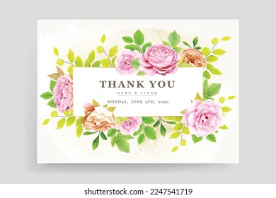 floral roses and green leaves wedding invitation card set
