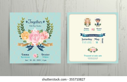 Floral roses wreath wedding cartoon bride and groom couple invitation card on net background