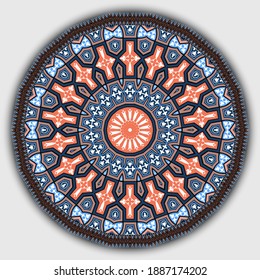 Rosette floral. Patrón de mandala arabesca redonda. Fondo de color ornamental vectorial. Fondo decorativo. Ornamentos de estilo étnico árabe con círculos, flores, hojas, marco zigzag, borde, formas.