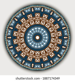 Floral rosette. Round arabesque mandala pattern. Vector ornamental colorful background. Decorative backdrop. Ethnic arabic style ornaments with circles, flowers, leaves, zigzag frame, border, shapes.