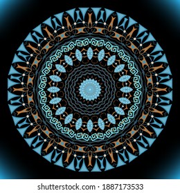Floral rosette. Round mandala pattern. Greek style ornamental background. Decorative backdrop. Ethnic abstract ornaments with circles, flowers, greek key, meanders frame, border, shapes.