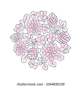 Floral rosette vector isolated composition. Line style handdrawn flowers in a circle shape placement.