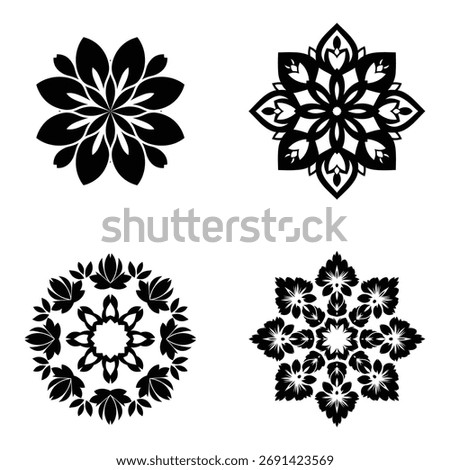 Floral rosettes, botanical designs, circular emblems nature patterns decorative ornamental elements.