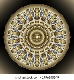Patrón de mandala 3d de redondo floral. Fondo del vector ornamental. Fondo de estilo étnico. Ornamentos dorados vintage con marco de encaje, bordes, formas, líneas. Platos decorativos. Rosette. botón 3d, gemstone.