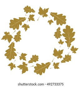 Floral round autumn frame with gold maple and oak leaves isolated on white. Vector illustration.