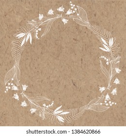 Floral  round background with bluebells, lily of the valley, fern and place for text. Vector illustration on a kraft paper. Invitation, greeting card or an element for your design.