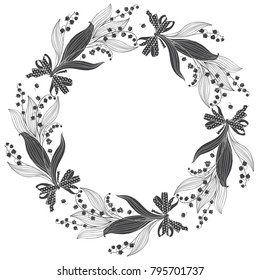 Floral round background with lily of the valley and place for text. Vector illustration on white background. Invitation, greeting card or an element for your design.