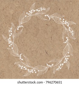 Floral  round background with lily of the valley and place for text. Vector illustration on a kraft paper. Invitation, greeting card or an element for your design.