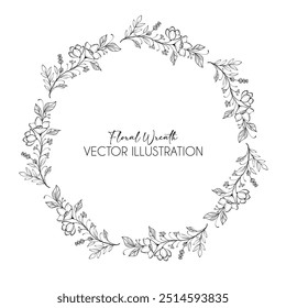 Floral round black and white frame of twigs, leaves and flowers. Frames for the Valentine's day, wedding decor, logo and identity template.