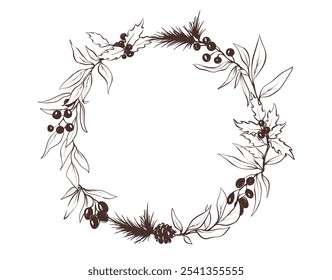 Floral round border with branches fir, berries and leaves. Vector christmas illustration in a graphic style for invitation or postcard, freehand drawing.