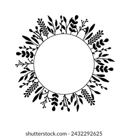 Floral round circle template black silhouette vector illustration in pastel colors isolated on white background.