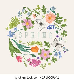 Floral round composition with flowers and butterflies. Vintage frame. Little garden. Vector botanical illustration.