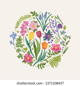 Floral round composition with spring flowers and leaves. Garden and wild plants. Botanical illustration. Tulip, dog rose, muscari, hyacinth, forget-me-not, bell, fern, wormwood.