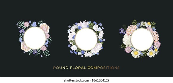 Floral round compositions set.template for greeting card, wedding illustration

