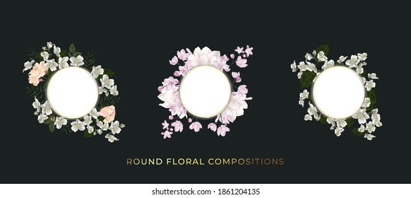 Floral round compositions set.template for greeting card, wedding illustration

