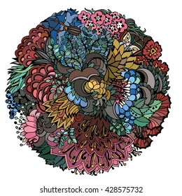 Floral round decorative element with leaves, insects, spirals and flowers. Bright abstract template with black outlines. Vector illustration isolated on white background.