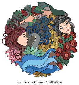 Floral round decorative element with surreal female faces, leaves, spirals and flowers. Abstract template with black outlines. Vector illustration.