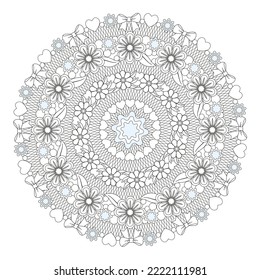 Floral round decorative ornament. Mandala style. Coloring book page, vector illustration.