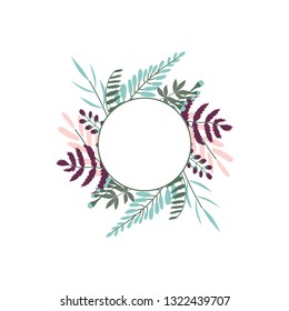 Floral round flat hand drawn frame. Circle border with flowers for text. Isolated greeting card. Design for poster, card, invitation, placard, brochure, flyer
