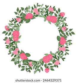 Floral round flat template with abstract stylized plants. Summer botanical concept. Flat hand drawn colored wreath with flowers isolated on white background. Trendy print design for interior decor