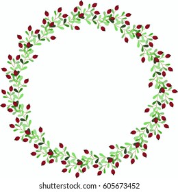 Floral round folk frame from cute twigs and berries. Vector greeting card template. Design artwork for the poster, tee shirt, pillow, home decor. Summer flowers with green leaves.
