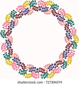 Floral round frame from autumn leaves. Greeting card template. Design artwork for the poster, tee shirt, pillow, home decor. October leaves of maple, rowan, ash.