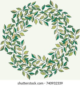 Floral round frame from autumn leaves. Greeting card template. Design artwork for the poster, tee shirt, pillow, home decor. October leaves of maple, rowan, ash.