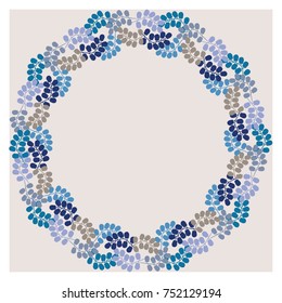 Floral round frame from autumn leaves. Winter colors. Greeting card template. Design artwork for the poster, tee shirt, pillow, home decor. October leaves of maple, rowan, ash.