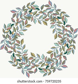 Floral round frame from autumn leaves. Greeting card template. Design artwork for the poster, tee shirt, pillow, home decor. October leaves of maple, rowan, ash.