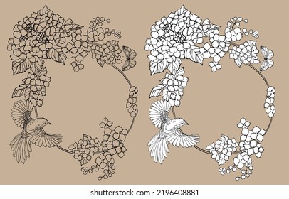 Marco redondo floral con dibujo vectorial lineal en blanco y negro. Para colorear libros. Para libros.